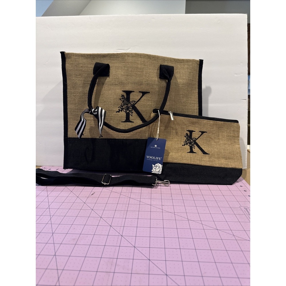 Personalized "K" Jute Beach Tote &‎ Toiletry Bag NWT